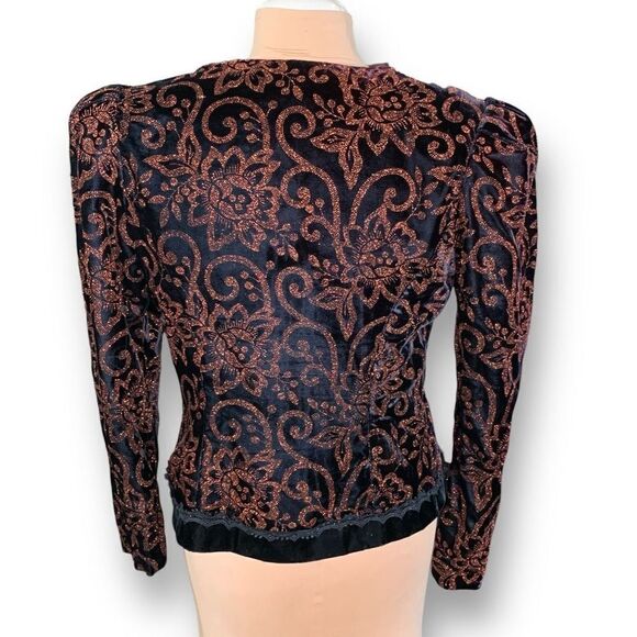 Vintage Collarless Blazer Tailored Black Velvet Structured Hourglass Metallic - Picture 9 of 14